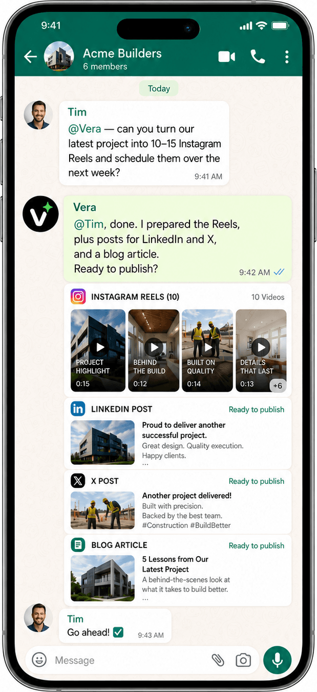 A WhatsApp chat where Vera turns a finished project into Instagram Reels, LinkedIn and X posts, and a blog article, all ready to publish